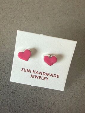 Native Zuni Handmade Pink Heart Sterling Silver Stud Earrings | New With Tags